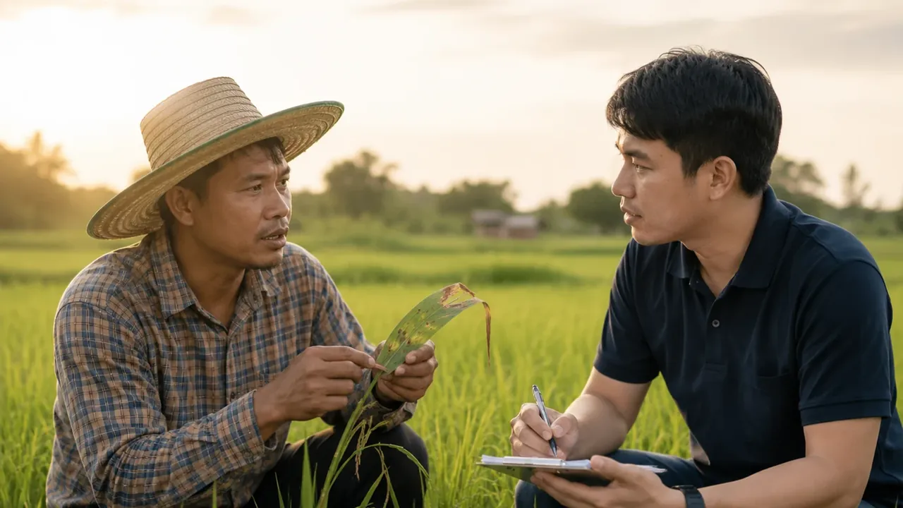 เกษตรกรสำรวจต้นข้าวในแปลงเพื่อเปรียบเทียบลักษณะที่แตกต่างกัน
