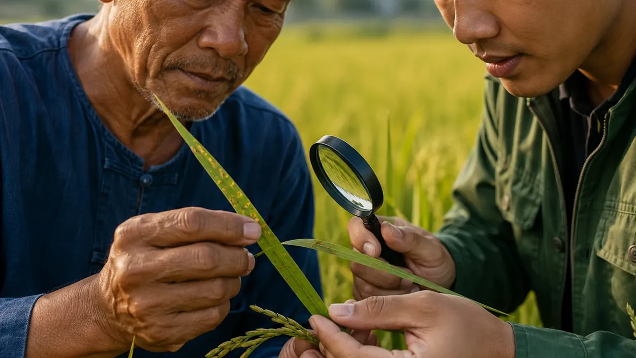 เกษตรกรและผู้ให้คำแนะนำตรวจอาการใบข้าวอย่างละเอียดก่อนสรุปแนวทาง