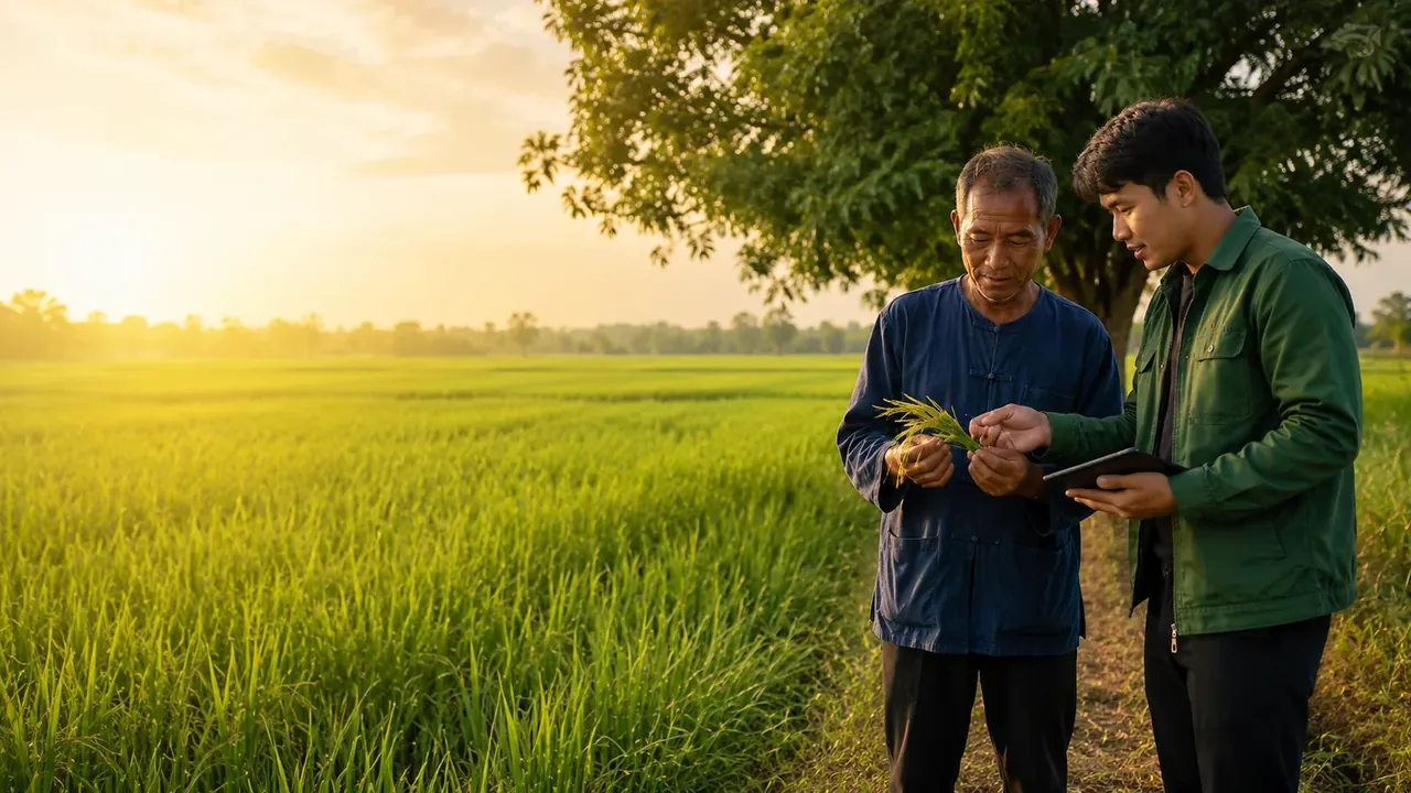 เกษตรกรและผู้ให้คำแนะนำตรวจต้นข้าวพร้อมบันทึกข้อมูลเพื่อคุยปัญหาให้ตรงประเด็น