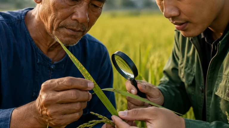 เกษตรกรตรวจอาการบนใบพืชอย่างใกล้ชิดก่อนสรุปสาเหตุหรือเปลี่ยนกลุ่มสาร