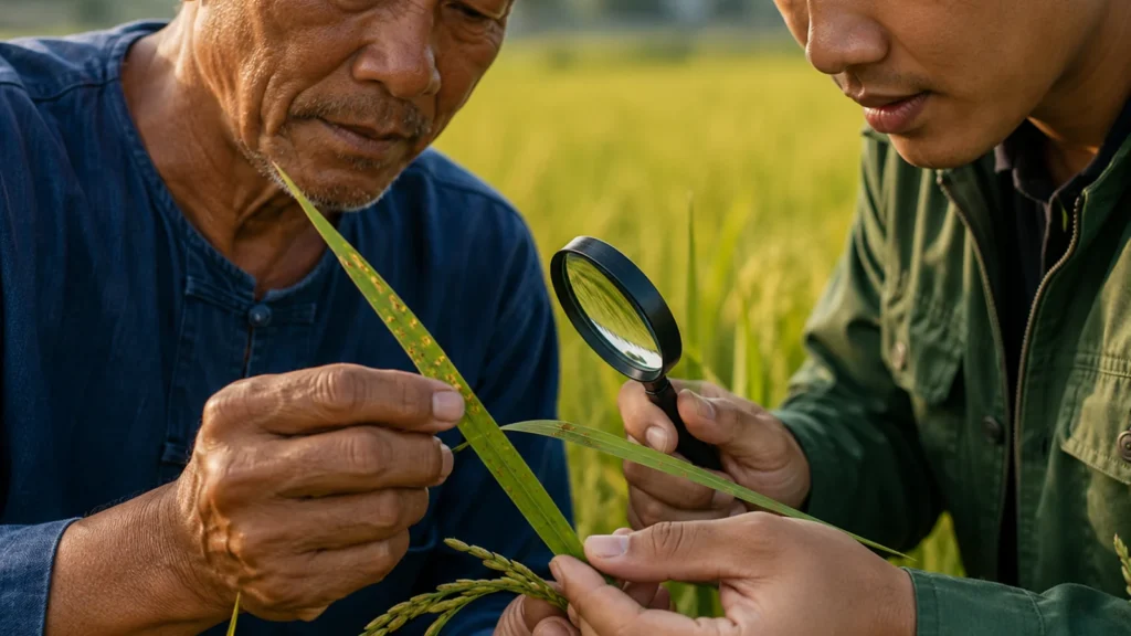 เกษตรกรตรวจใบและโคนต้นข้าวอย่างใกล้ชิดก่อนตัดสินใจจัดการเพลี้ยกระโดด