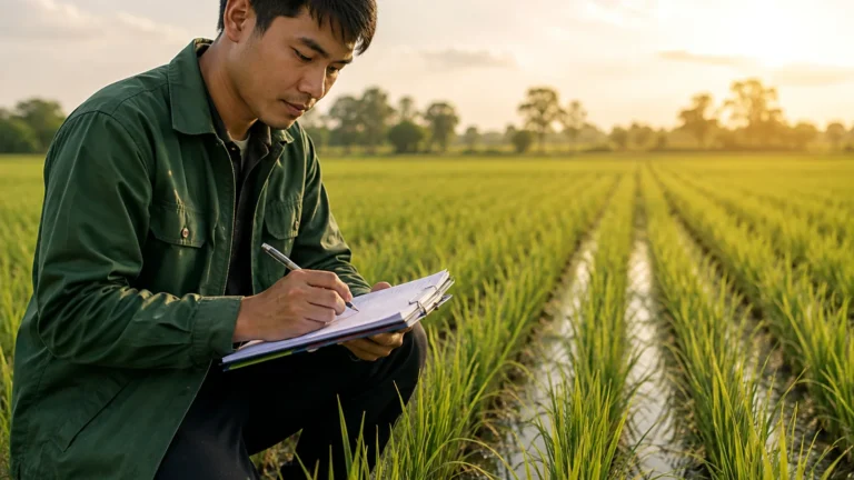 คนทำงานเกษตรจดบันทึกข้อมูลจากแปลงข้าวเพื่อใช้ทบทวนการพ่นและวางแผนครั้งต่อไป