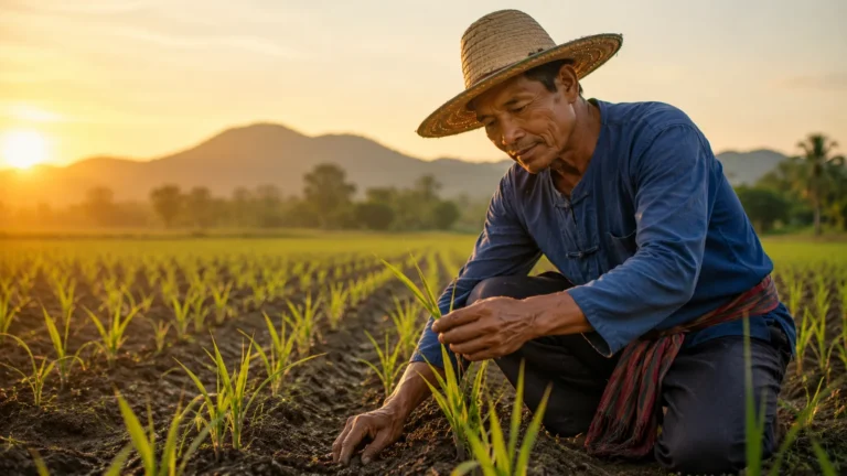 เกษตรกรตรวจวัชพืชในนาข้าวเพื่อแยกระยะการเจริญก่อนเลือกวิธีจัดการ