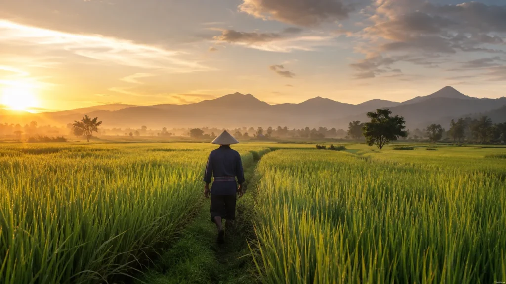 เกษตรกรเดินสำรวจแปลงและสภาพอากาศก่อนตัดสินใจว่างานพ่นควรรอหรือเริ่มได้