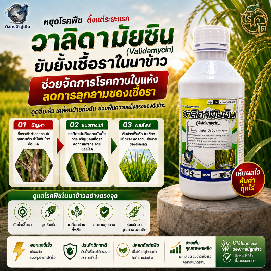 วาลิดามัยซิน (มังกรฟ้าคู่เงิน) ขนาด 1 ลิตร ป้องกันและกำจัดโรคพืช โรคกาบใบแห้งในข้าว