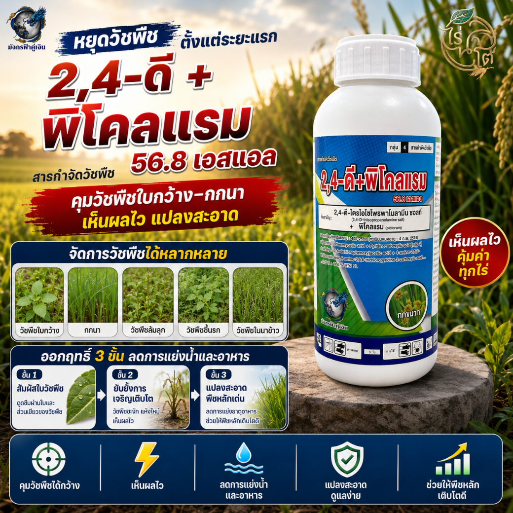 2,4-ดี+พิโคลแรม 56.8 เอสแอล ขนาด 1 ลิตร (มังกรฟ้าคู่เงิน) สารกำจัดวัชพืช กกขนาก กกทราย หนวดปลาดุก